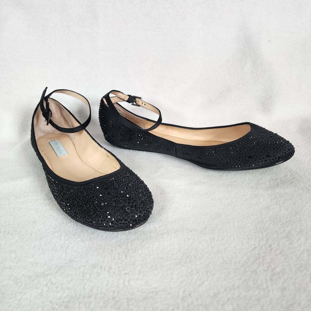 Betsey Johnson Joy Ballet Flats Black Rhinestone Ankle Strap Size 8.5 B